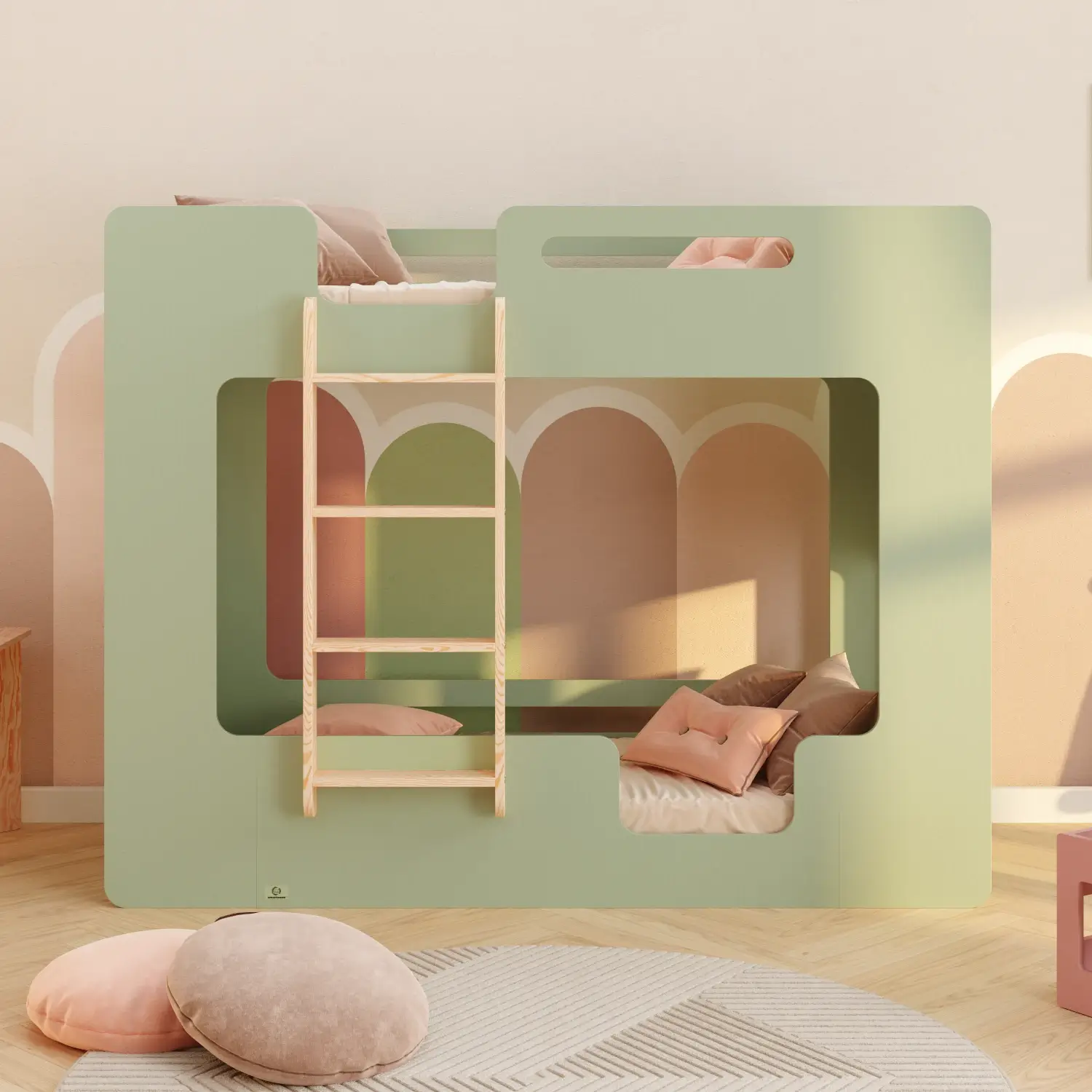 Łóżko piętrowe dla dzieci z barierkami i stelażem MIMI B Montessori Drewniane